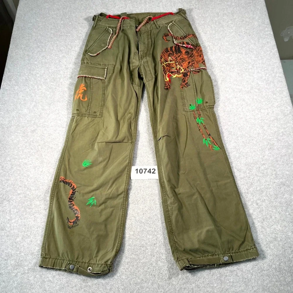 Vintage Polo Ralph Lauren Mens Cargo Pants Hand Painted Tiger Japanese Kanji